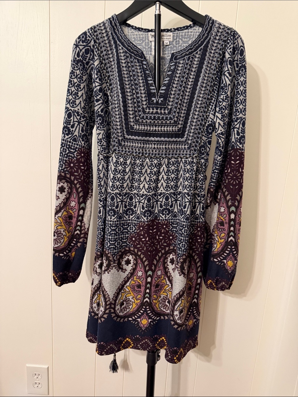 Boho Paisley-Print Long Sleeve Dress in Navy and Plum